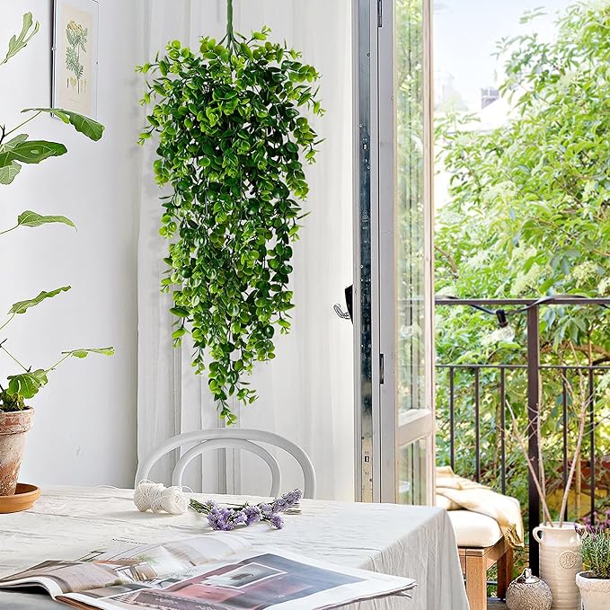 Waipfaru 4Pcs Fake Hanging Plants 2.7ft Fake Plants Eucalyptus Leaves UV Resistant Fake Vines Ivy Artificial Plants Outdoor Faux Plants Indoor Bedroom Living Room Boho Wall Porch Shelf Decor Waipfaru