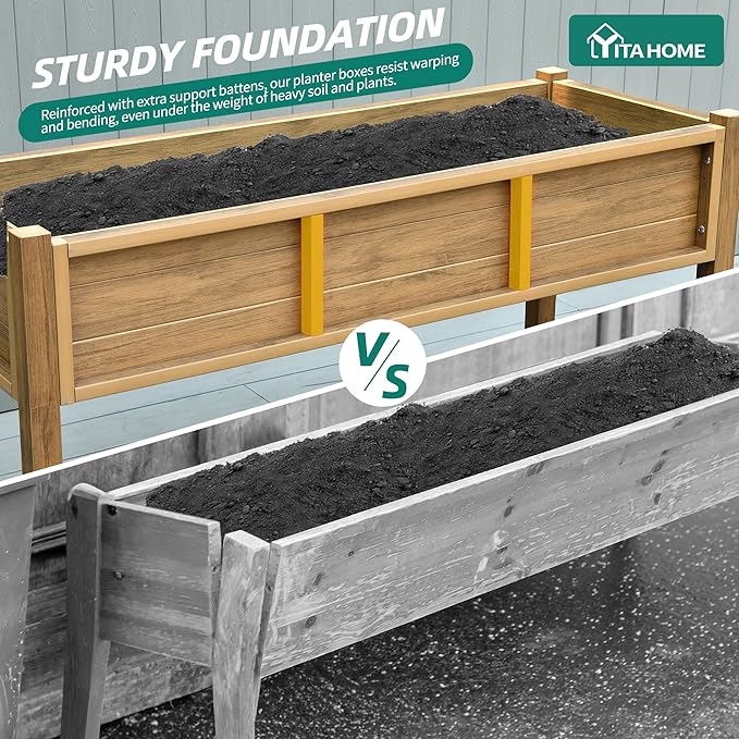 YITAHOME Raised Garden Bed HDPE, 47x18x31In Poly-Wood Weather-Resistant Raised Flower Bed, Elevated Planter Box with Lockable Wheels for Vegetables, Brown YITAHOME