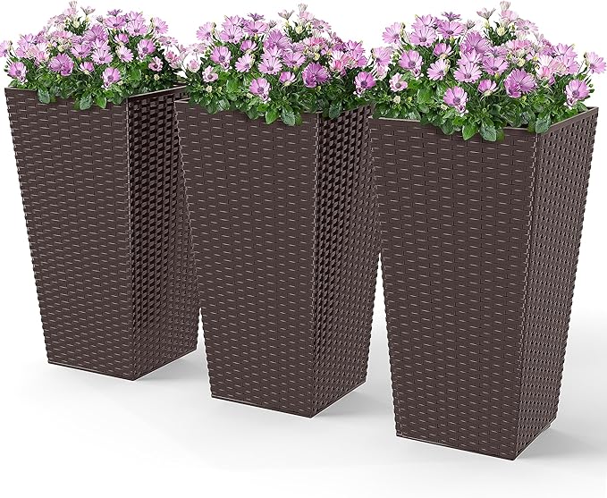 Outsunny Tall Planters for Outdoor Plants Set of 3, 24 in Taper Planters with Drainage Holes, Rattan Decor Plant Pots for Indoor Outdoor Front Porch Patio Backyard, Brown Outsunny