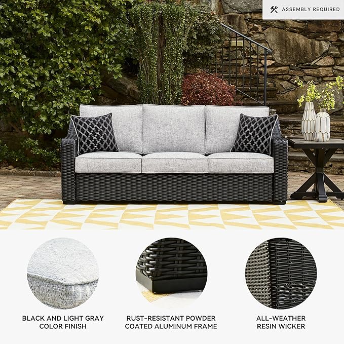Signature Design by Ashley Beachcroft Casual Nuvella Weather Resistant Fabric Outdoor/Indoor Sofa with Cushion and 2 Toss Pillows, Black & Light Gray SignatureDesignbyAshley