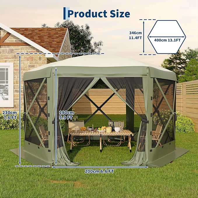 13x13FT 6-Sided Pop Up Gazebo Tent，One-Push Setup Canopy Tent with Removable Canopy Top & Wind Cloths, Outdoor shelter for Camping, Backyard Parties, Outdoor Events - Army Green GarveeLife