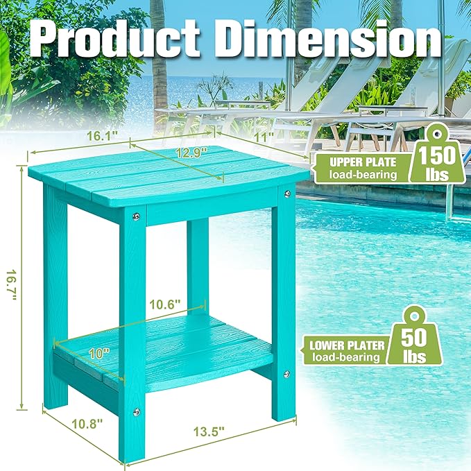 Y&M Outdoor Side Table, HIPS Adirondack Small Double Layer Table, Waterproof Square Balcony Modern End Tables for Patio, Pool, Beach, Porch, Deck, Indoor or Outdoor Use, Aruba Blue YM