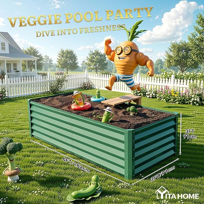 YITAHOME 6x3x3ft Large Raised Garden Bed Kit, Galvanized Metal Planter Box with Gloves, Support Rod, Outdoor Above Ground Planters for Plants Vegetables Flowers, Green YITAHOME