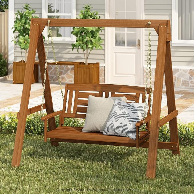Furinno TIOMAN Porch Swing, Outdoor Hanging Wooden Swing with Stand in Teak Oil, Light Wood Furinno-FitsYourSpaceFitsYourBudget