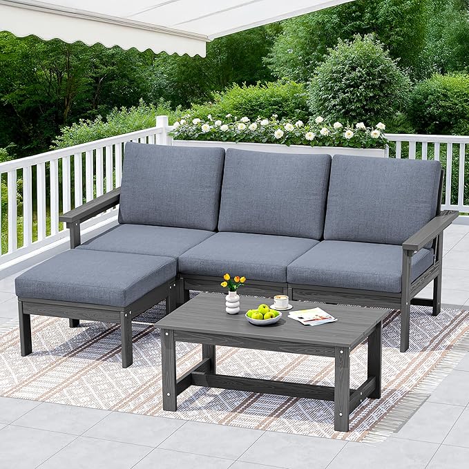 SERWALL Outdoor Sectional Sofa Set, 5-piece Outdoor Modula Couch Set with Ottoman, All Weather Patio Furniture Set with Chaise for Deck, Lawn, Gray Frame with Gray Cushion SERWALL
