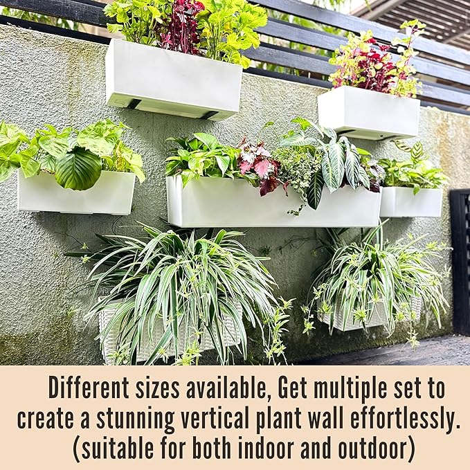 LaLaGreen Wall Hanging Planter Outdoor (20 Inch, 4 Pack) Wall Mounted Self Watering System Window Boxes with Bracket, White Rectangular Plant Pot Flower Box Container Indoor Modern Herb Kitchen Decor L%C3%A1L%C3%A1Green