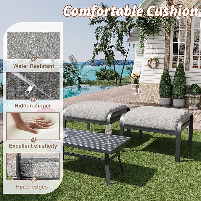 HOMREST Metal Outdoor Ottoman, 3-Piece Aluminum Footstool w/Removable Cushion, Multipurpose Footrest Stool with Coffee Side Table Additional Seating, Set of 3 Outdoor Ottomans for Patio Deck (Grey) HOMREST