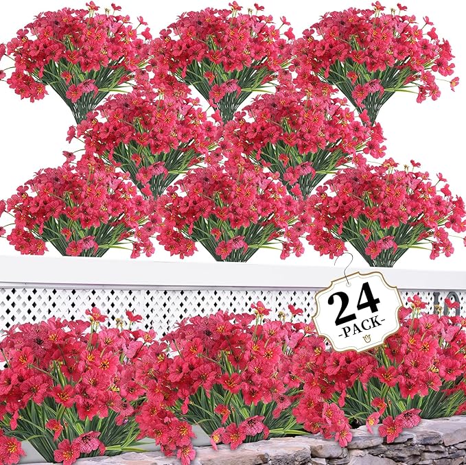 24 Rose Red Bundles Artificial Flowers for Outdoors/Indoors Fake Flowers Plants for Indoor Outside Garden Porch Window Box Home Wedding Farmhouse ColoPlay