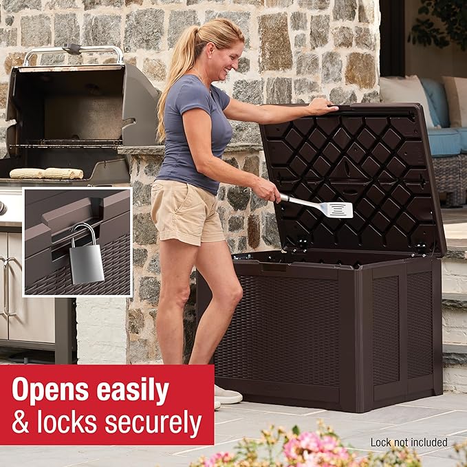 Rubbermaid Medium Resin Outdoor Storage Deck Box (74 Gal) Weather Resistant Brown Deck Organization for Home/Backyard/Pool Chemicals/Toys/Garden Tools/Porch/Patio Cushions Rubbermaid