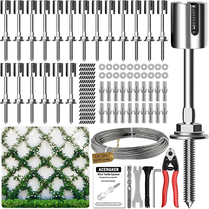 Wire Trellis for Climbing Plants Outdoor, 20-Set Wall Wire Trellis Kit with 1/8in x 98ft Stainless Steel Cable & Cutter, T316 Espalier System for Fence and Garden DIY Projects Acemaker