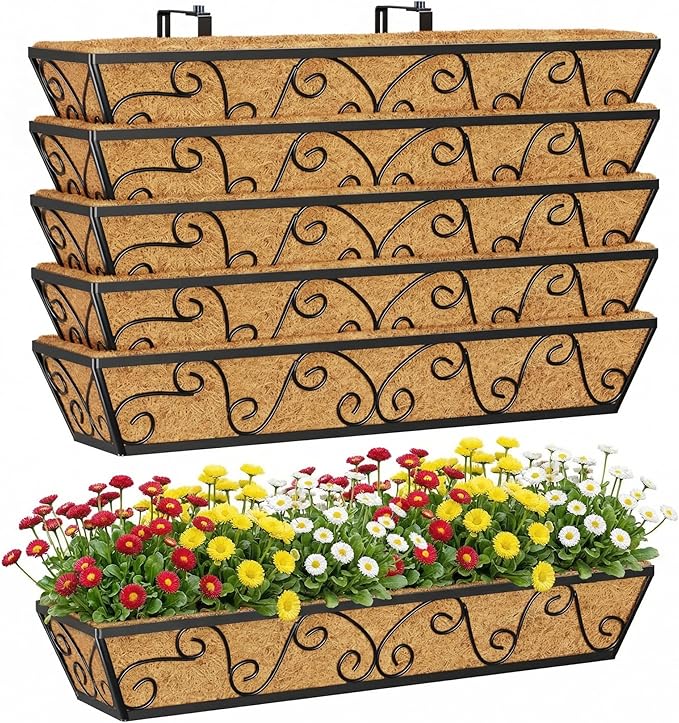 Y&M 30 Inch Window Deck with Coco Liner, Fence Metal Hanging Flower Planter Window Basket Deck Railing Planter Boxes for Outdoor Garden Lawn-Butterfly, 6pcs YM