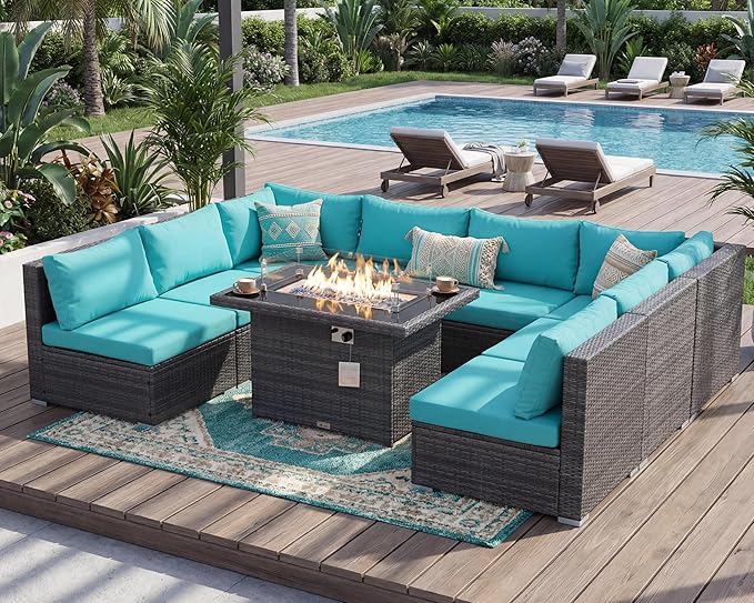 NICESOUL Extra Large 9 Piece Patio Furniture Set with Fire Pit Table Natural Gas & Propane, 29.3'' High Back Rattan Outdoor Conversations, 8 Seater Modular Sofa Set, 2 Color Cushions Turquoise & Gray NICESOUL