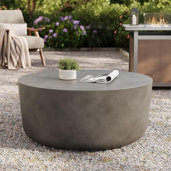 Modway Brion 34 Inch Round Concrete Coffee Table – Indoor/Outdoor Tapered Cylinder Coffee Table – Low Center Table for Living Room or Patio in Gray Modway