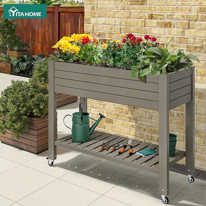 YITAHOME 3.6x1.5x2.8 FT Elevated Garden Bed Kit with Legs and Wheels, Outdoor Large Resin Planter Box Stand with Drain Plug and Storage Shelf for Plants Vegetables Fruits, Light Brown YITAHOME