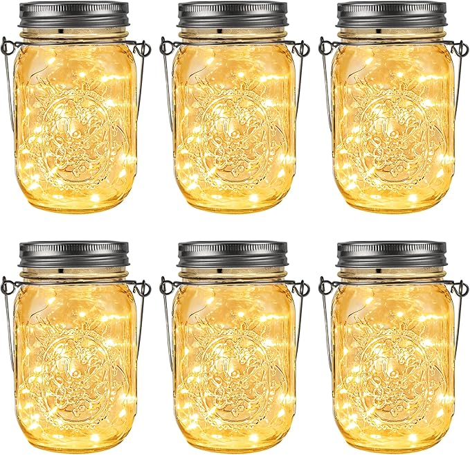 GIGALUMI Hanging Mason Jar Solar Lights, 6 Pack 30 Led Tinplate Lids Hanging Solar Lanterns Outdoor Waterproof, Hangers and Jars Included, Outdoor Decor for Balcony, Garden, Patio, Yard, Wedding GIGALUMI