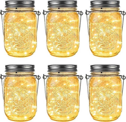 GIGALUMI Hanging Mason Jar Solar Lights, 6 Pack 30 Led Tinplate Lids Hanging Solar Lanterns Outdoor Waterproof, Hangers and Jars Included, Outdoor Decor for Balcony, Garden, Patio, Yard, Wedding GIGALUMI
