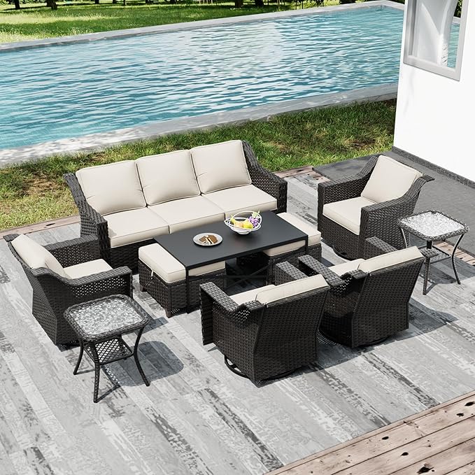 Joyside Wicker Patio Furniture Sets, 10 Pieces Upgraded Large Size Outdoor Furniture with 4 Swivel Rocking Patio Chairs, 3-Seat Sofa, Outdoor Ottoman, Thick Cushions, Wide Armrest, Beige Joyside