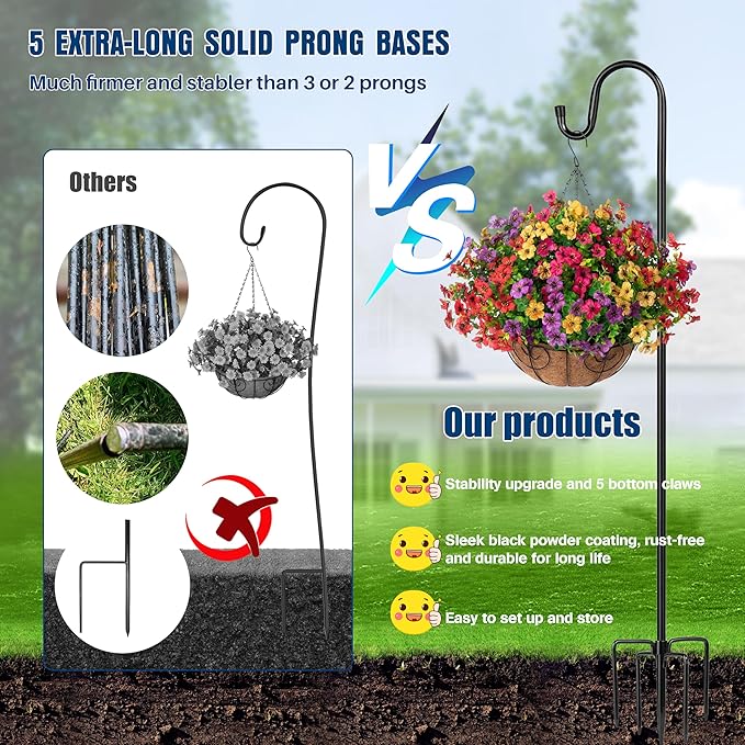 Ottsuls Shepherds Hooks for Outdoor - 60" Heavy Duty Bird Feeder Pole with 5 Prong Base, Adjustable Stand Hanger for Garden Plant, Hummingbird Feeder, Lantern Lights - Haning Wedding Decor (1 Pack) Ottsuls