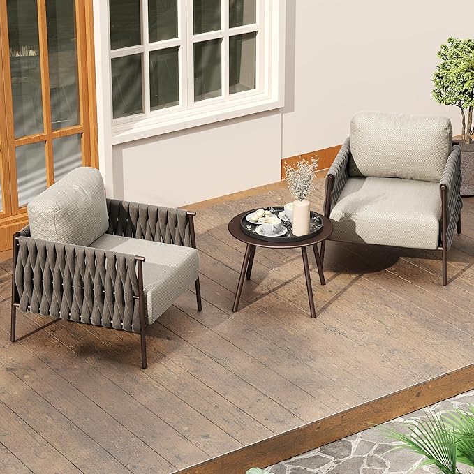 East Oak 3-Piece Patio Furniture Set | Armchairs & Coffee Table | Outdoor Furniture with Cushions | Deep Seating Modern Conversation Set | Garden, Porch, Balcony & Backyard | Chestnut & Apricot EASTOAK