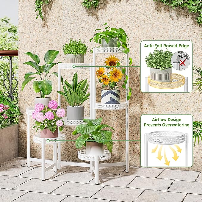 7 Tier Plant Stand Indoor Outdoor, Corner Tiered Plant Stands, Planter Display Rack for Multiple Plants, Wrought Iron Flower Stand, Folding Tall Plant Rack Shelf for House Patio Garden - WhiteWave Rootora