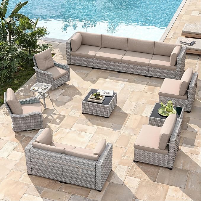 10-Seat Modern Patio Furniture Set with Swivel Rocking Chairs, Thick 4″ Cushions, Dual-Strand Wicker Rattan, Rust-Resistant Steel Frame – Outdoor Conversation & Modular Sectional,Beige MASIONBACKYARDS