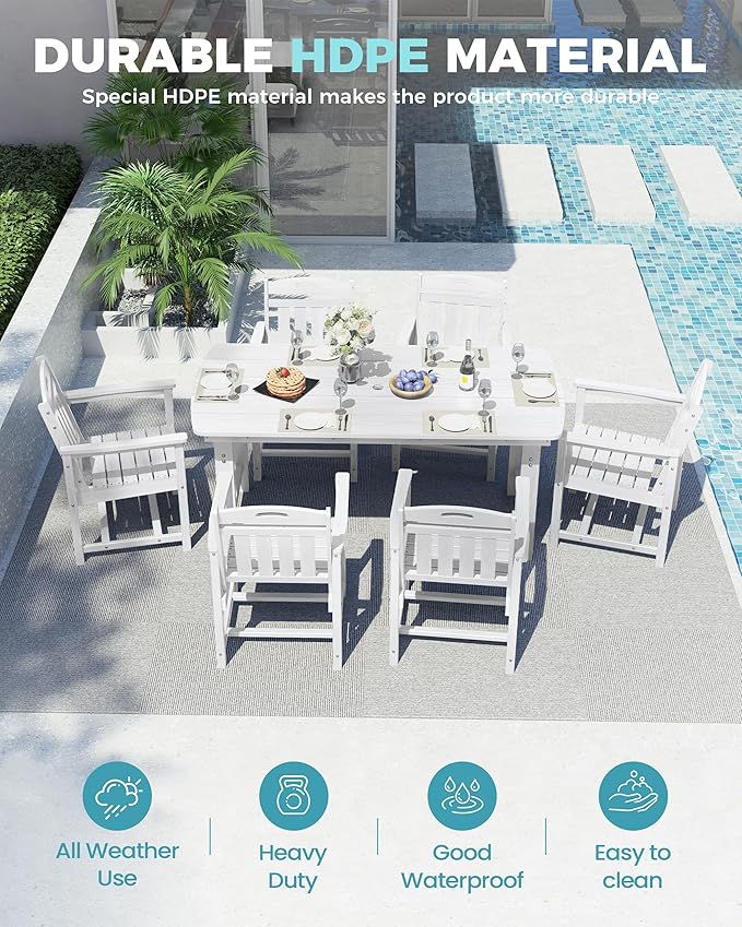 Ciokea HDPE Outdoor Dining Set, 7-Piece Patio Table and Chairs Set with Umbrella Hole, All-Weather Patio Dining Sets for 6, Durable Patio Furniture for Backyard, Garden, Lawn & Poolside, White CIOKEA