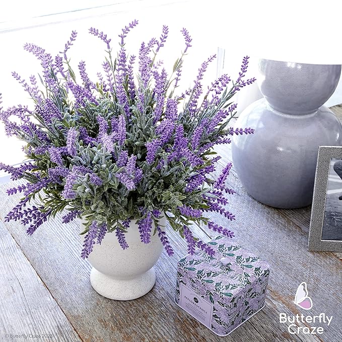 Butterfly Craze Lavender Artificial Flower Stems - UV-Protected Outdoor Artificial Plants - Plastic Flowers for Outdoors - Floral Picks for Weddings & Centerpieces - 4 Pack, 14.5"-16.5" ButterflyCraze