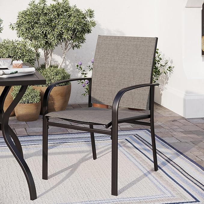 5 Piece Patio Dining Set for 4, 37”x37” Square Table with Umbrella Hole, 4 Metal Brown Chairs, Outdoor Table and Chairs Set for Lawn Backyard and Deck SUNSHINEVALLEY