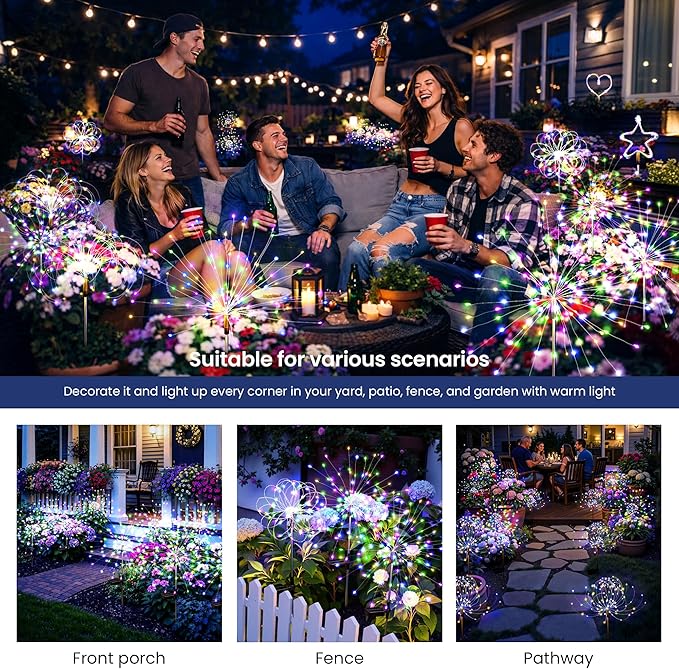 Solar Lights Outdoor, 120LED 8pack Fairy Garden Lights Decor for Outside Fireworks Lights Solar Powered for Yard, Patio, Pathway, Walkway, Balcony,Multicolor Suncket