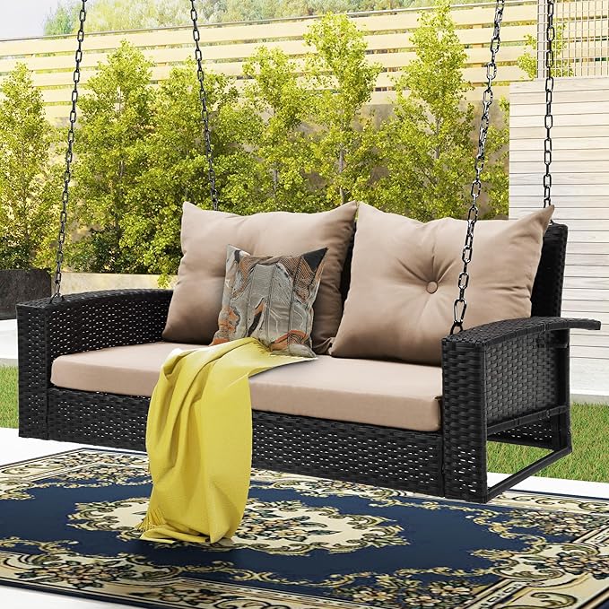 DWVO Hanging Porch Swing Chair Outdoor Wicker Rattan Patio Swing Lounge 2 Seats Cushions Capacity 530lbs for Balcony, Garden, Living Room, Brown Rattan Light Brown Cushion DWVO