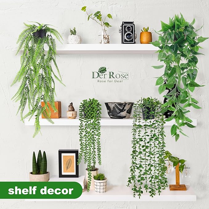Der Rose 4Pcs Fake Plants Hanging Artificial Ivy Vine Faux Eucalyptus Hanging Plants, Boston Fern, String of Pearls for Living Room Bedroom Boho Wall Shelf Indoor Outdoor Decor DerRose