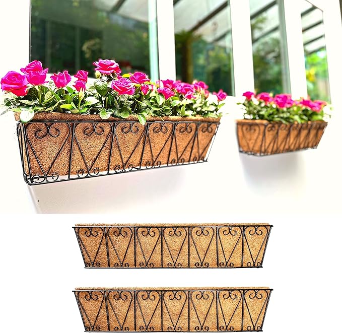 LaLaGreen Outdoor Wall Planters - 2 Pack, 30 Inch Deck Railing Hanging Pot, Over The Rail Window Flower Boxes Black Plant Basket Attach to House with Coco Liner Metal Fence Balcony Patio Porch L%C3%A1L%C3%A1Green