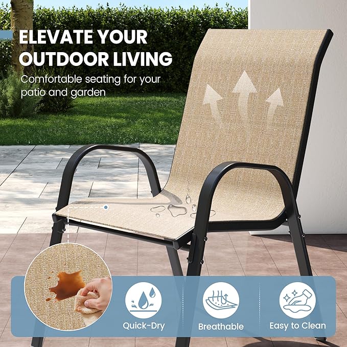 Patio Dining Chairs Set of 4, Outdoor High Stacking Chairs for All Weather, Breathable Seat Fabric and Alloy Steel Frame for Backyard, Porch, Garden (Brown) VonzoyHome