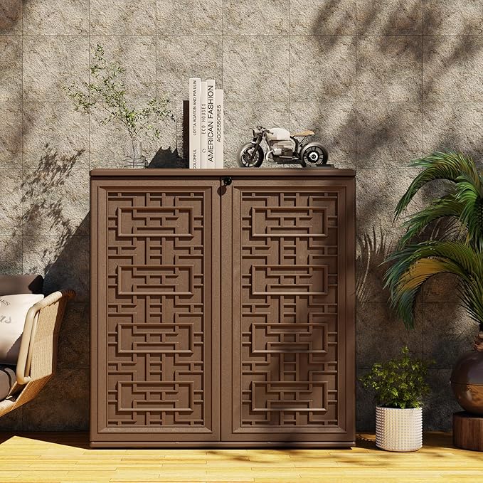 Indoor Outdoor Storage Cabinet Waterproof with 1 Shelf, Plastic Outdoor Storage Cabinets for Patio/Garden/Backyard, Size 34.3''L*15''W*36.2''H(Brown) Mrosaa