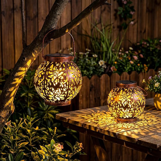 JOIEDOMI 2 Pack Outdoor Solar Hanging Lantern Lights, Waterproof Tabletop with Handle, LED Moroccan Lanterns, Metal Decorative Garden Solar Lights Spring for Patio, Lawn, Porch, Backyard Joiedomi