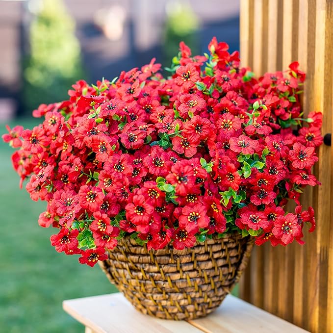Artificial Flowers for Outdoors Fake Plants - 16 Bundles Faux Outside Greenery Boxwood No Fade Plastic Shrubs Fall Decor Farmhouse Home Garden Thanksgiving Mums (PureRed) AXYLEX