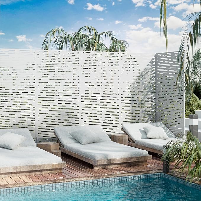 Casaphoria 72" H x 35" W Metal Outdoor Privacy Screen, Freestanding Decorative Divider for Patio, Deck, Balcony, and Garden with Stable Base, White-Godfre Casaphoria