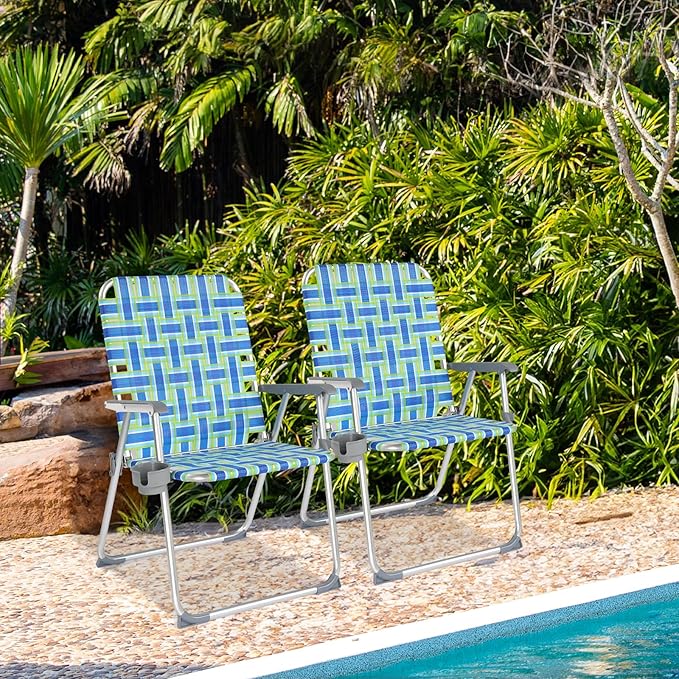 VINGLI Folding Aluminum Webbed Oversized Lawn Chairs with Detachable Cup Holder, 300LBS High Beach Chair for Adults Heavy Duty, Portable Patio Chair for Yard, Garden, 2 Pack,Blue/Green VINGLI