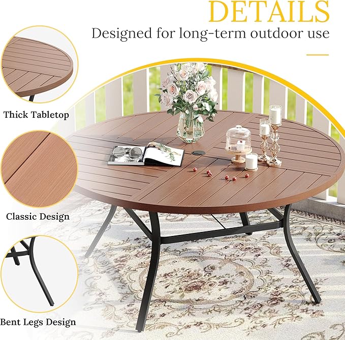 VICLLAX Round Patio Table with Adjustable Umbrella Hole for 6, All Weather Metal Outdoor Dining Table for Lawn Garden, 50" Outdoor Coffee Table, Walnut Wood-Like Tabletop HOME