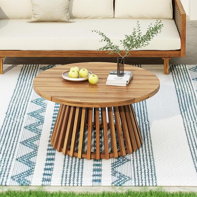 Merax Outdoor Acacia Wood Conversation Set - Patio 3-Seat Loveseat Sofa w/Coushion and Round Coffee Table for Backyard, Lawn, Balcony, Beige +Teak Merax
