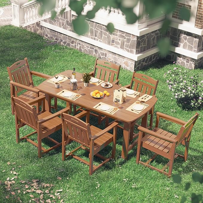 HDPE Outdoor Dining Set, Patio Table and Chairs Set, All-Weather 7-Piece Outside Table and 6 Chairs, 2" Umbrella Hole, Outdoor Furniture for Garden, Poolside, Backyard, Deck | Teak Suunyn