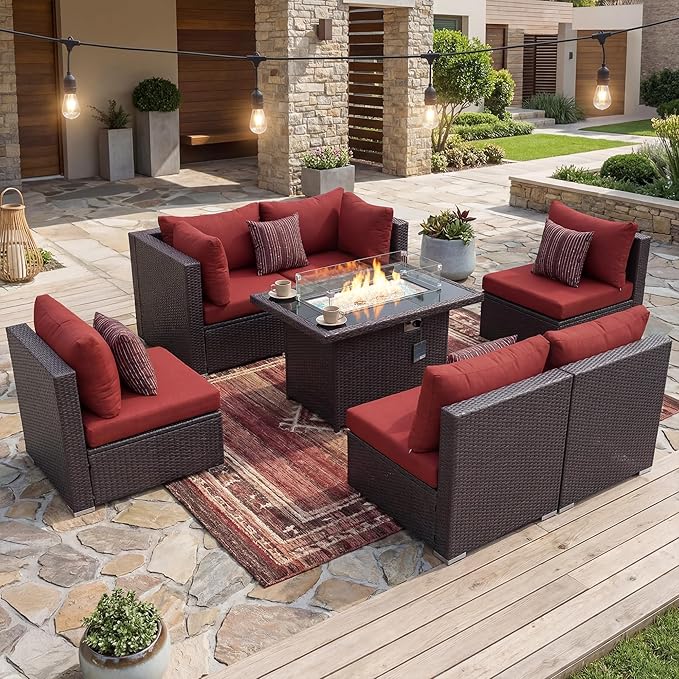 NICESOUL 7 Piece Modular Outdoor Furniture Set with Firepit Natural Gas&Propane, 29.3'' High Back L-Shaped 6-Seater Patio Wicker Sectional Sofa Couch Sets for Tall People, Brown Rattan and Red Cushion NICESOUL