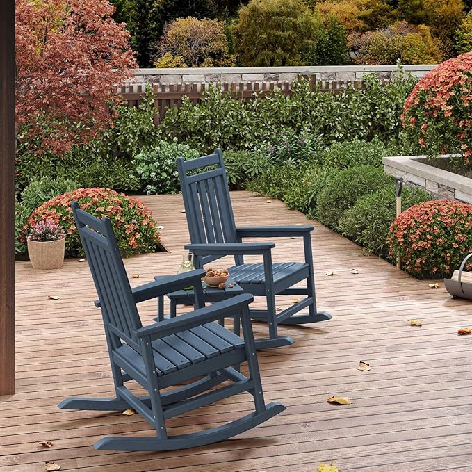 HDPE Rocking Chair Outdoor Set of 2 - Poly High Back Porch Rocker Chairs for Adults - All Weather Resistant Furniture for Patio Front Porch - Navy Blue Garvee