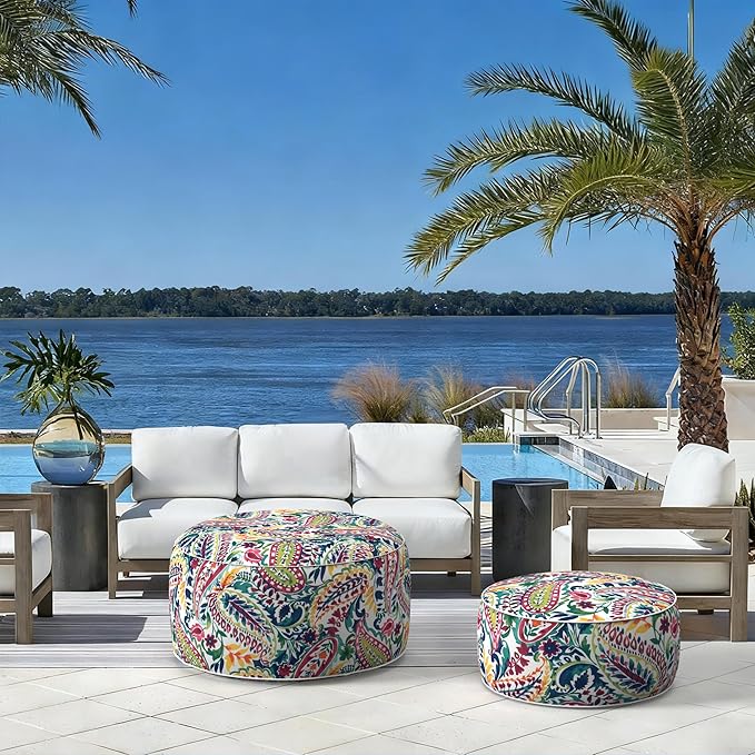 LVTXIII Indoor/Outdoor Extra Large Inflatable Ottoman Pouf D31 x H14 Inch, Round Footstool with Handle, Weather-Resistant Portable Furniture for Patio, Camping, Beach, Vigour Paisley LVTXIII
