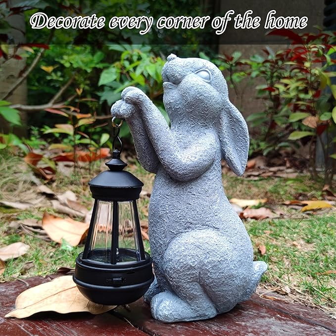 Rabbit Solar Garden Statues,Resin Rabbit Figurine Decorations with Solar Lights Lantern, Outdoor Figurines Lawn Garden Statue Decor Art for Lawn,Yard, Balcony Ornament. Qobumy