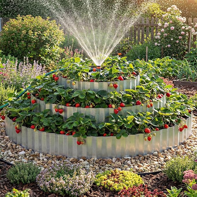 Pyramid Garden Kit, Strawberry garden Planter, 6 ft Diameter Base, Includes 3 Metal Bands, Sprinkler, Gloves, Hose, Plastic Connector for Herbs, Flowers, Ideal Gardening Gift for Yard Patio Rootora