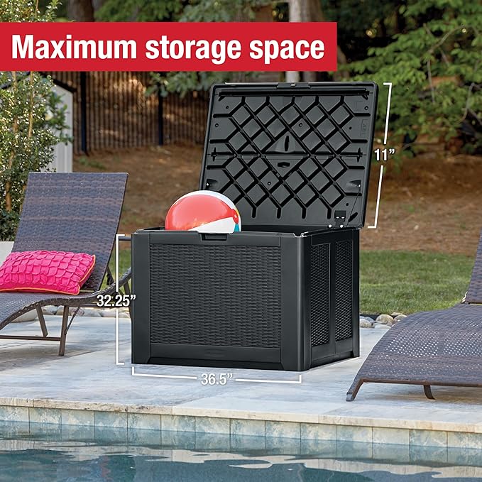 Rubbermaid Medium Resin Outdoor Storage Deck Box (74 Gal), Weather Resistant, Black, Deck Organization for Home/Backyard/Pool Chemicals/Toys/Garden Tools/Porch/Patio Cushions Rubbermaid