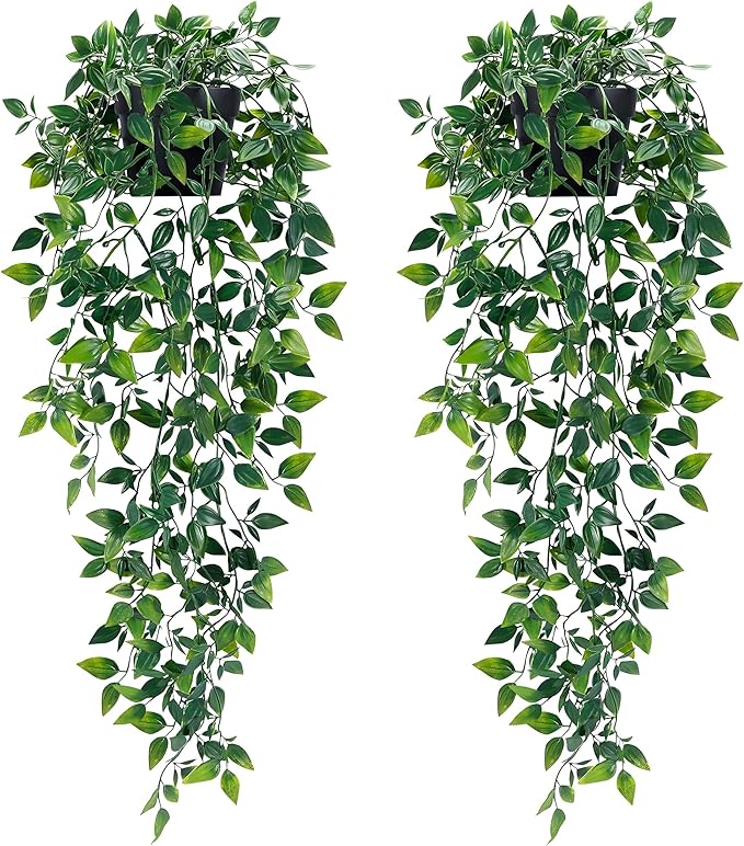 Waipfaru 2Pcs Fake Hanging Plants with Pot Deep Green Eucalyptus Leaves UV Resistant Fake Vines Ivy Artificial Plants Outdoor Faux Plants Indoor Bedroom Living Room Boho Wall Porch Shelf Decor Waipfaru