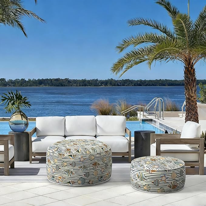 LVTXIII Indoor/Outdoor Extra Large Inflatable Ottoman Pouf D31 x H14 Inch, Round Footstool with Handle, Weather-Resistant Portable Furniture for Patio, Camping, Beach, Cabana Shells LVTXIII