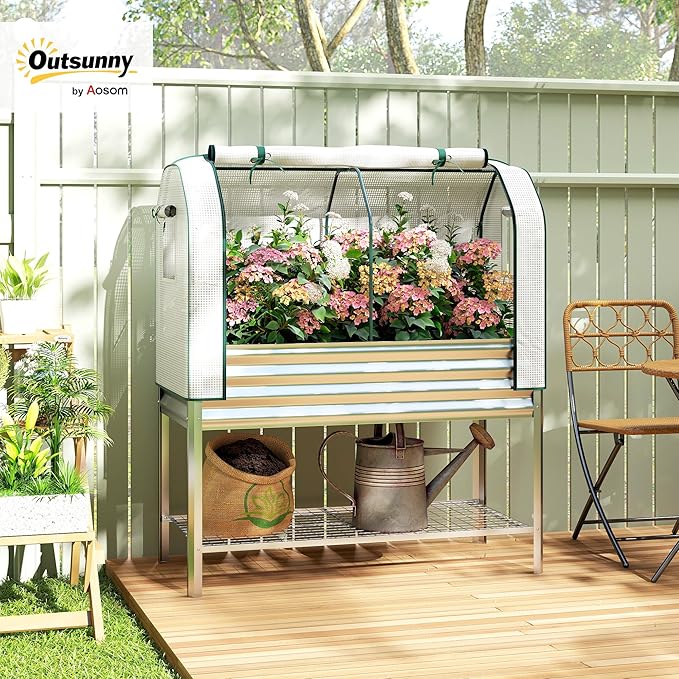Outsunny Galvanised Raised Garden Bed with Greenhouse Cover, Metal Elevated Garden Bed with Legs, Bed Liner and Bottom Shelf, Outdoor Raised Planter Box for Vegetables, Herbs, Flowers, Silver Outsunny